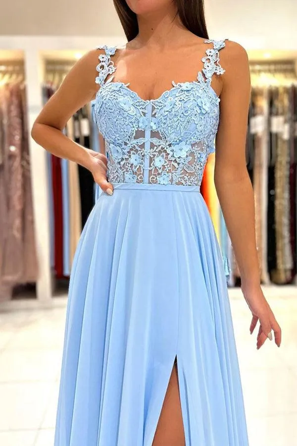 A-Line Chiffon Lace Long Prom Dress Blue Chiffon  Formal Dress PSK332