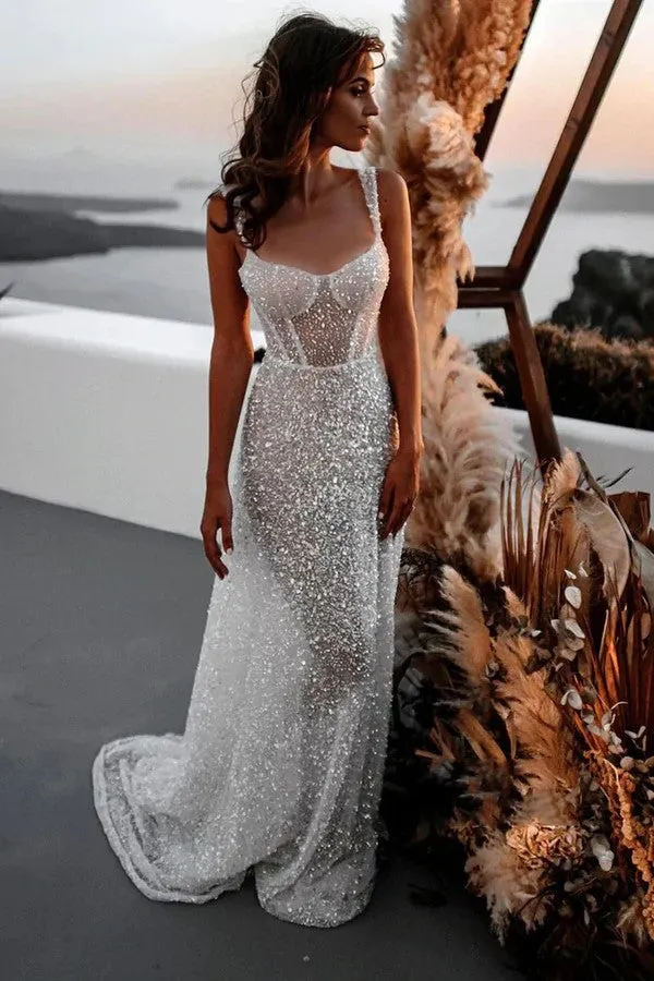 A Line Sweetheart Sparkly Sequins Beach Wedding Dress WD739