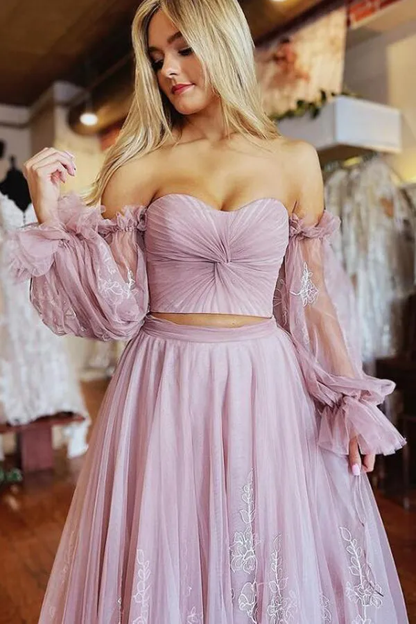 A-Line Two-Piece Dusty Pink Prom Dress with Sleeves PSK508