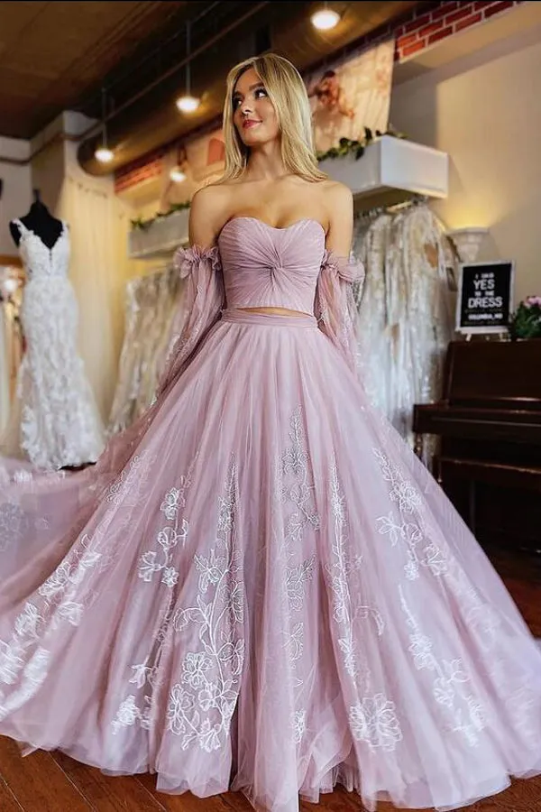 A-Line Two-Piece Dusty Pink Prom Dress with Sleeves PSK508