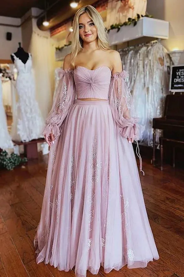 A-Line Two-Piece Dusty Pink Prom Dress with Sleeves PSK508