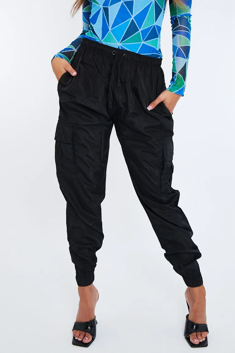 Black Cuffed Hem Shell Cargo Joggers - Iris