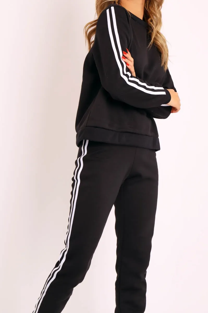 Black Side Stripe Sweater and Joggers Tracksuit - Jilliana