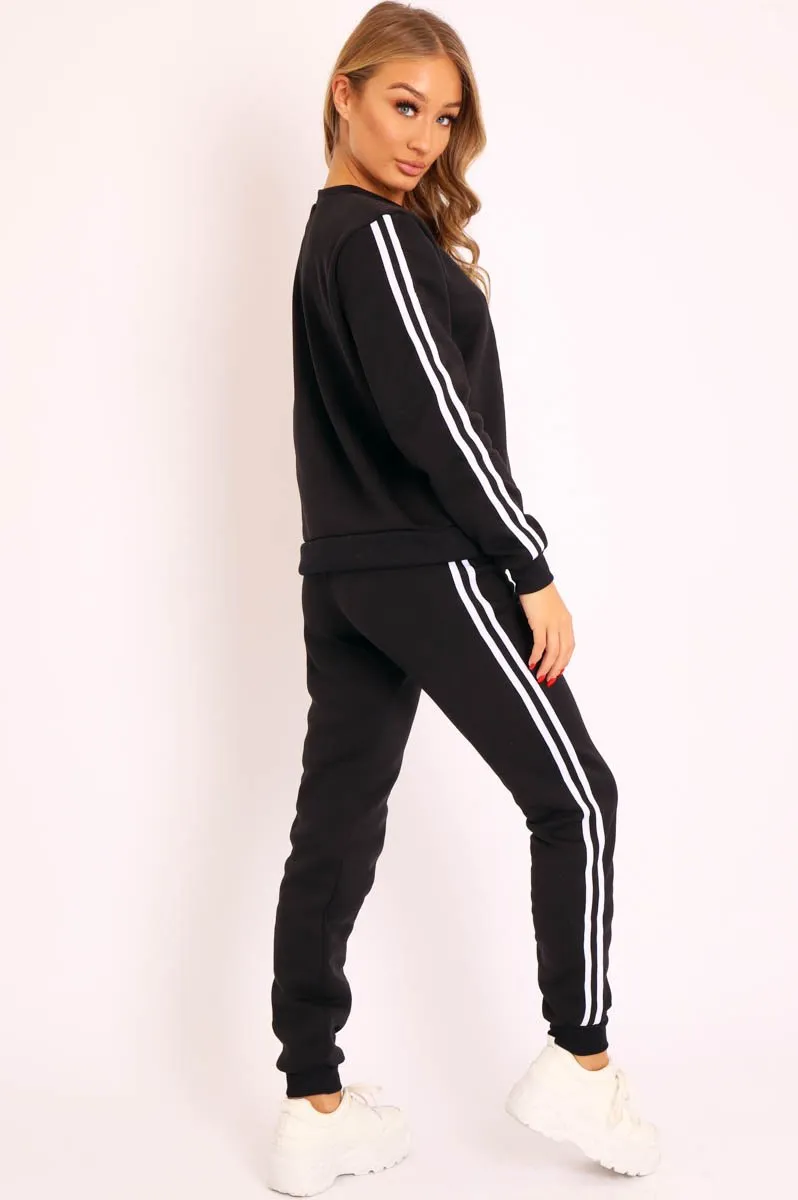 Black Side Stripe Sweater and Joggers Tracksuit - Jilliana