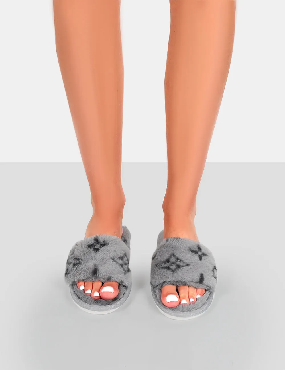 Dopey Grey Pattern Faux Fur Slider Slippers