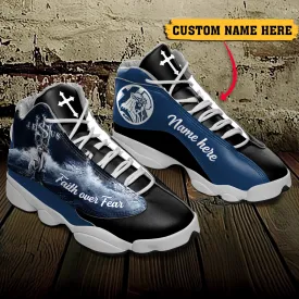 Jesus Faith Over Fear J13 Shoes Blue And Black - Personalized Name Faith Shoes - Jesus Shoes