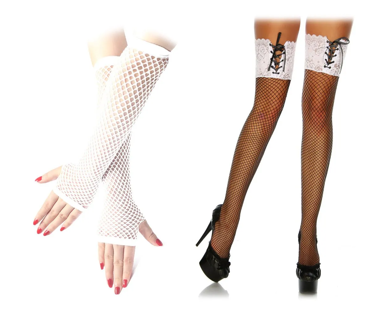 Lace Top Thigh High Fishnet Stockings and Fingerless Gloves