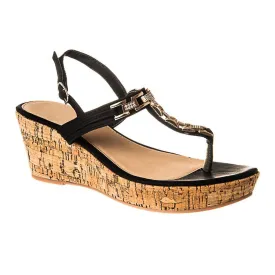 Low Wedge Cork Heel T-Bar Sandal with back strap