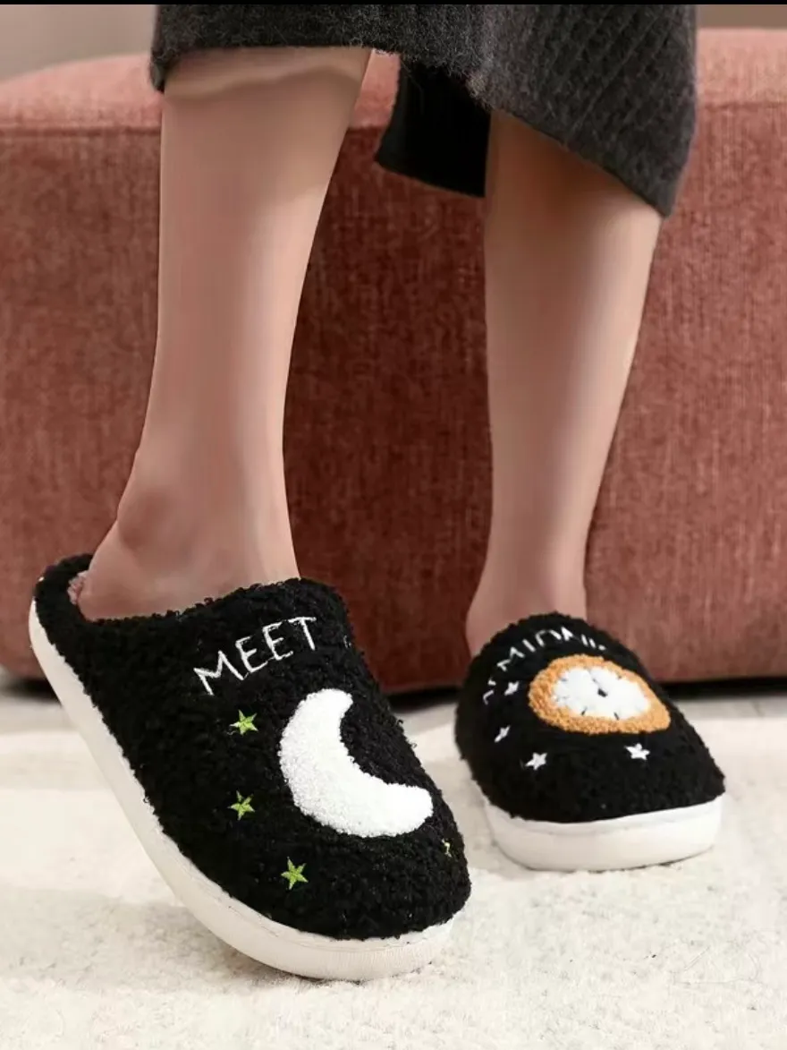 Moon and Clock Plush Slippers