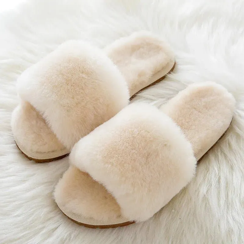 Natural Sheepskin Winter Slippers - Genuine Fur, Flat Heel, Indoor Shoes