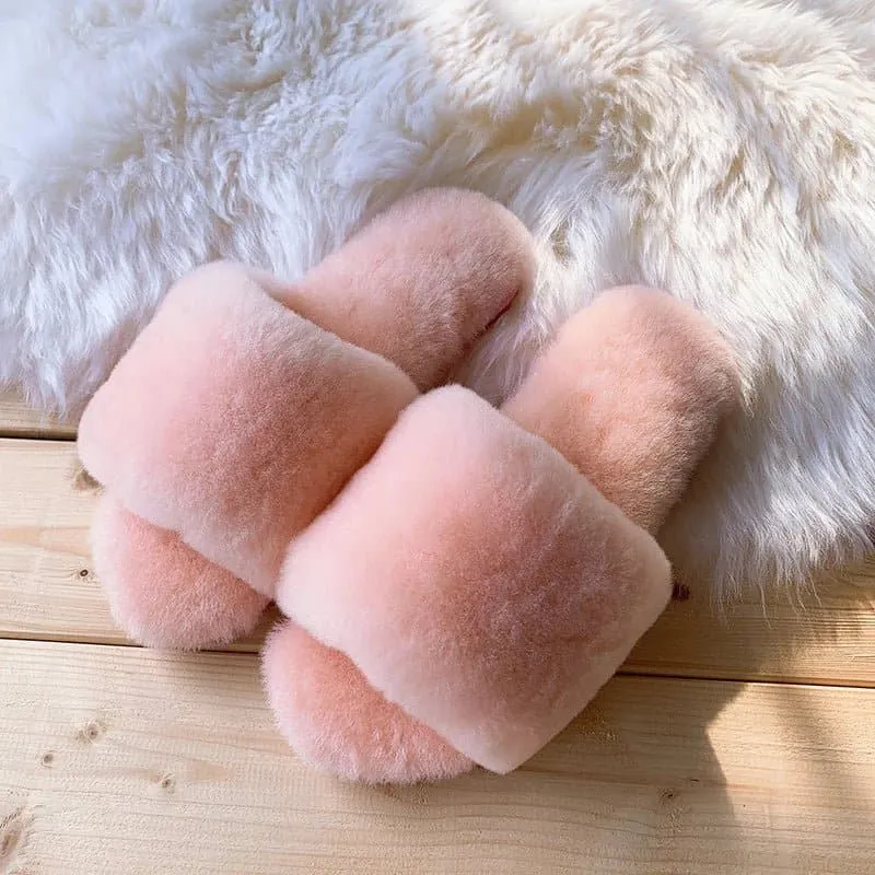 Natural Sheepskin Winter Slippers - Genuine Fur, Flat Heel, Indoor Shoes