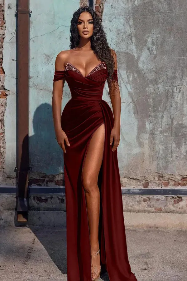 Off The Shoulder Mermaid Prom Dress High Slit Dress With Beading PSK566