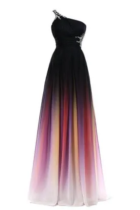 One Shoulder Gradient Chiffon Backless Prom Dresses Formal Dresses  PG936