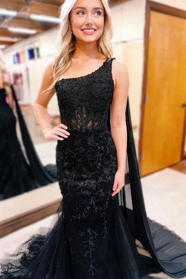 One Shoulder Mermaid Lace Black Prom Dress Formal Gown PSK567