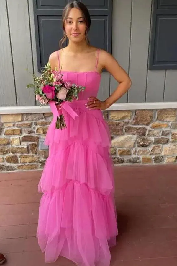 Princess A-line Hot Pink Tiered Tulle Long Prom Dress Evening Dress PSK312