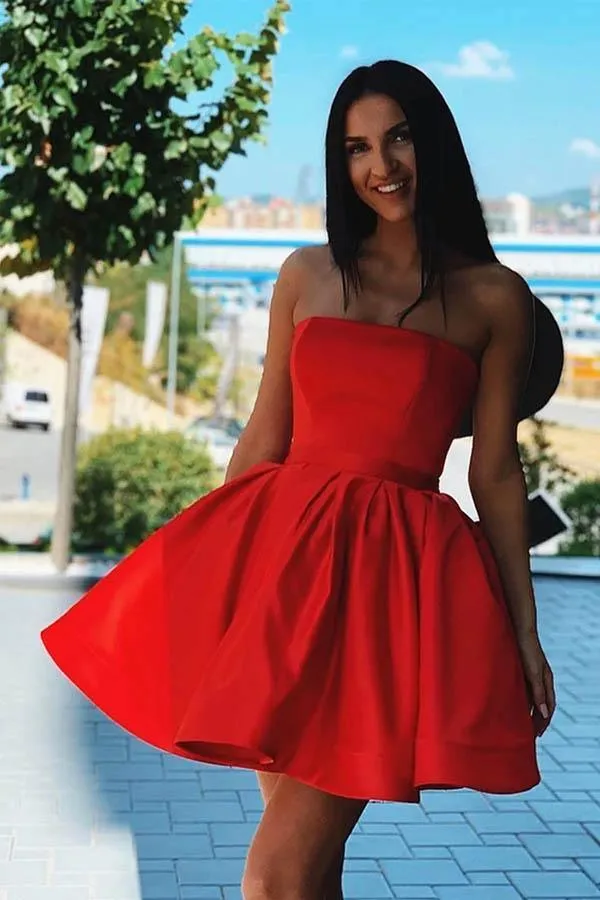 Simple Red Satin Strapless Short Formal Homecoming Dress  PD376