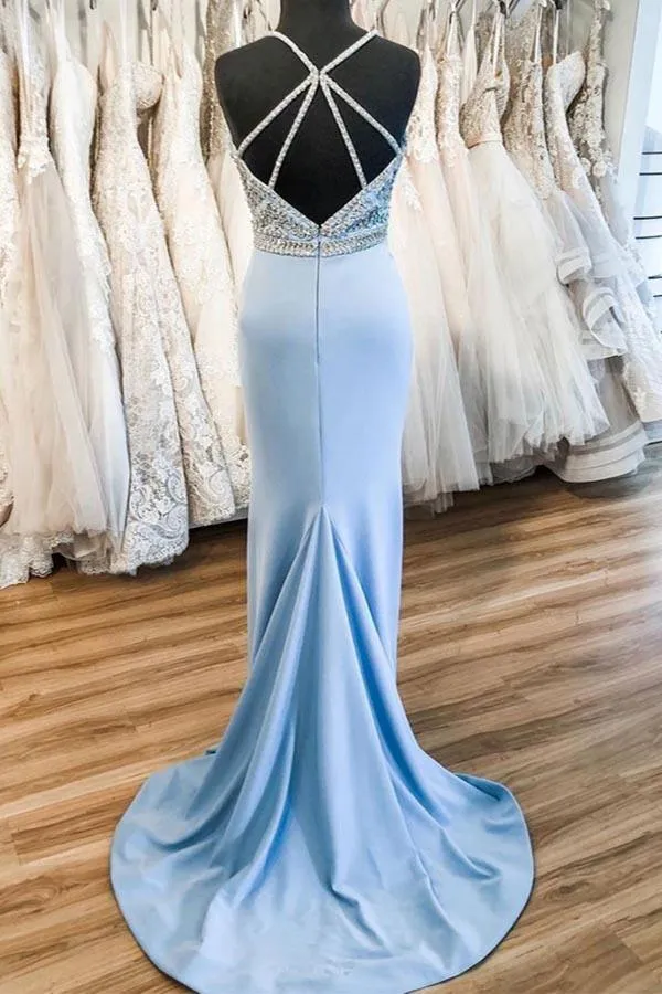 Sky Blue Satin V Neck Sweep Train Beaded Prom Dress Formal Dress PSK019