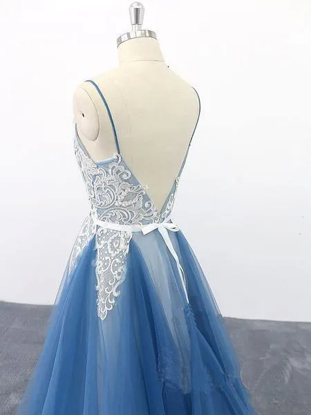 Spaghetti Straps A Line Ivory Appliqued Blue Tulle Prom Dresses  PSK009