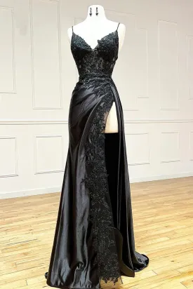 Spaghetti Straps Appliques Side Split Black Long Prom Dress  PSK440