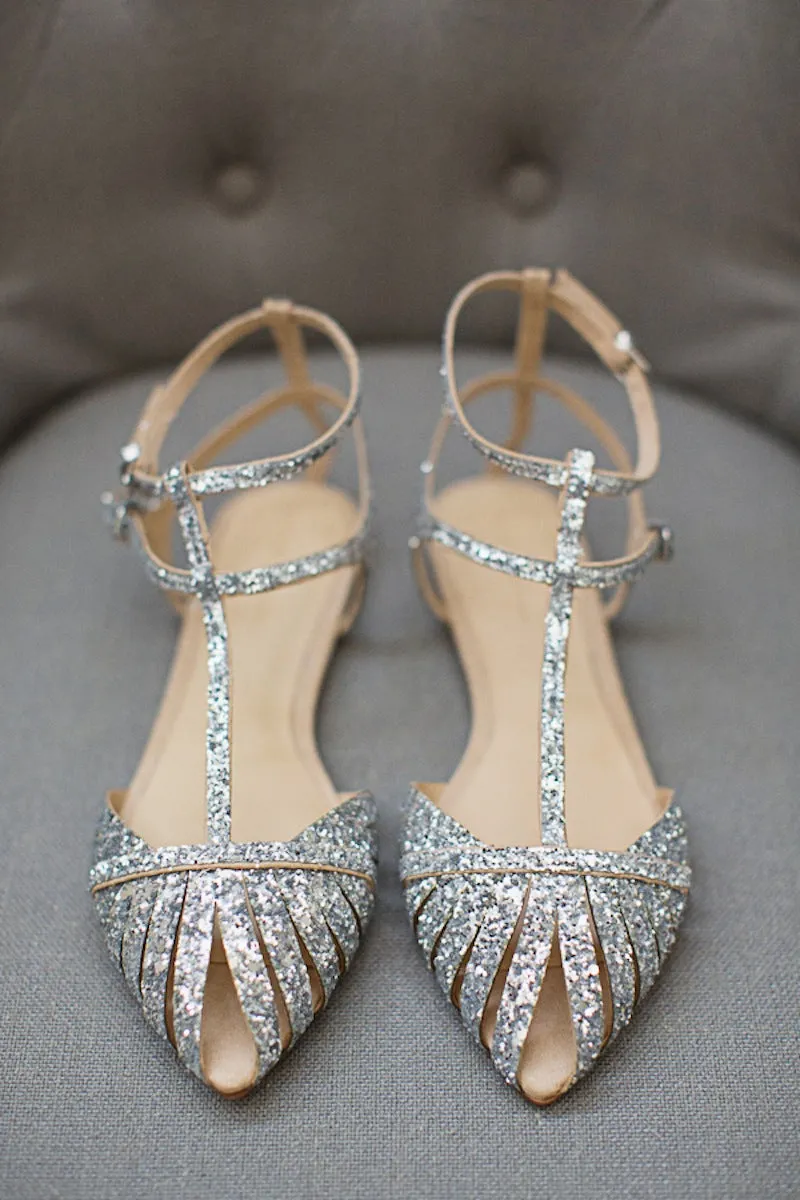 Toleet Silver Wedding Flats T Strap Glitter Shoes for Bridesmaid