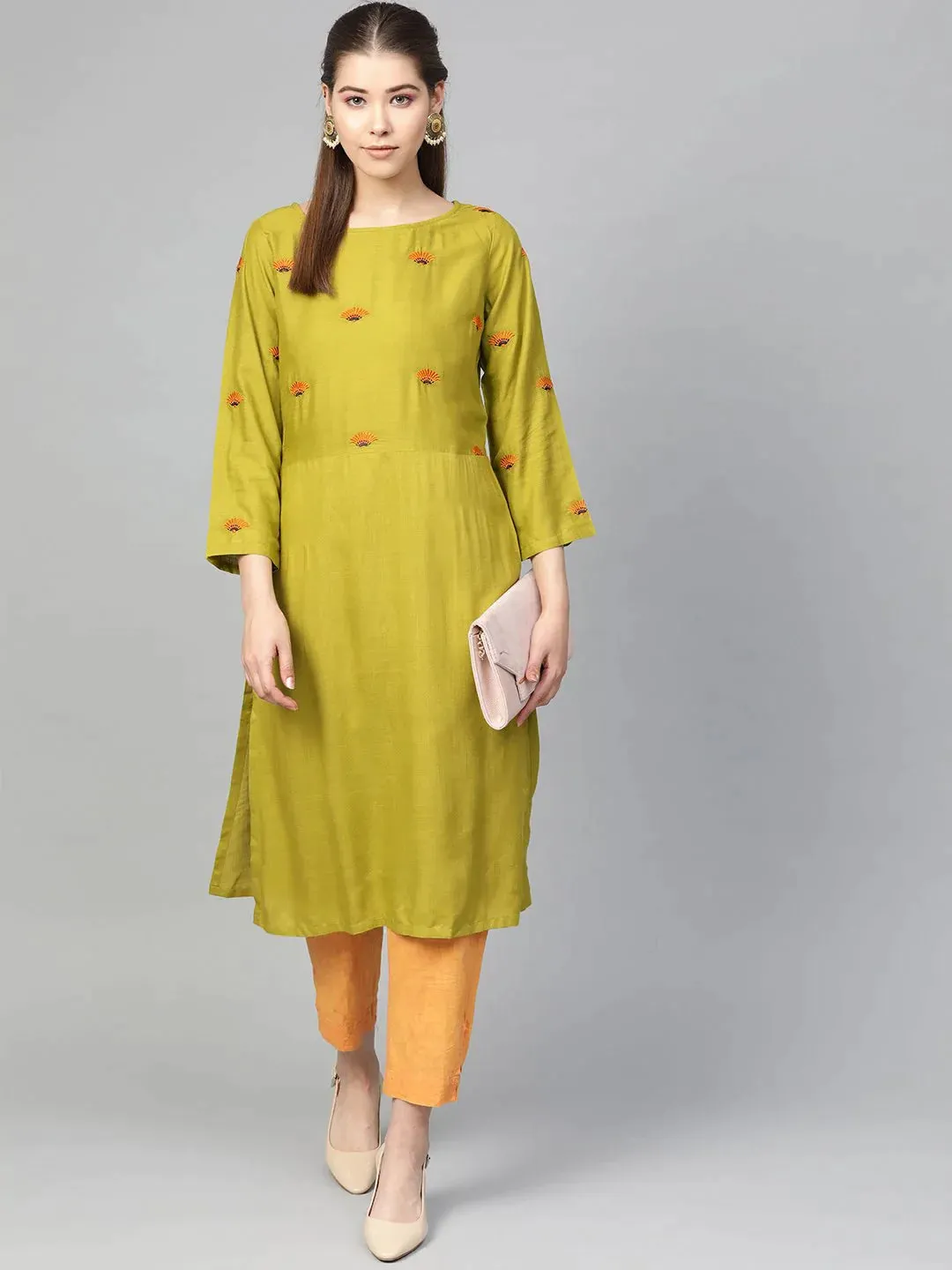 Women Green Yoke Design Straight Kurta