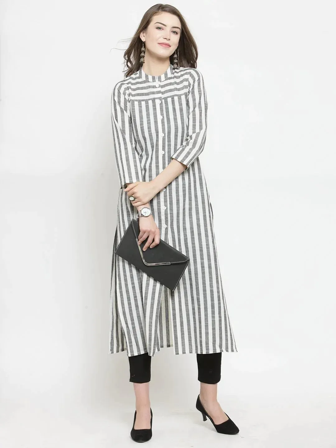 Women Grey & Off-White Striped Cotton Straight Kurta