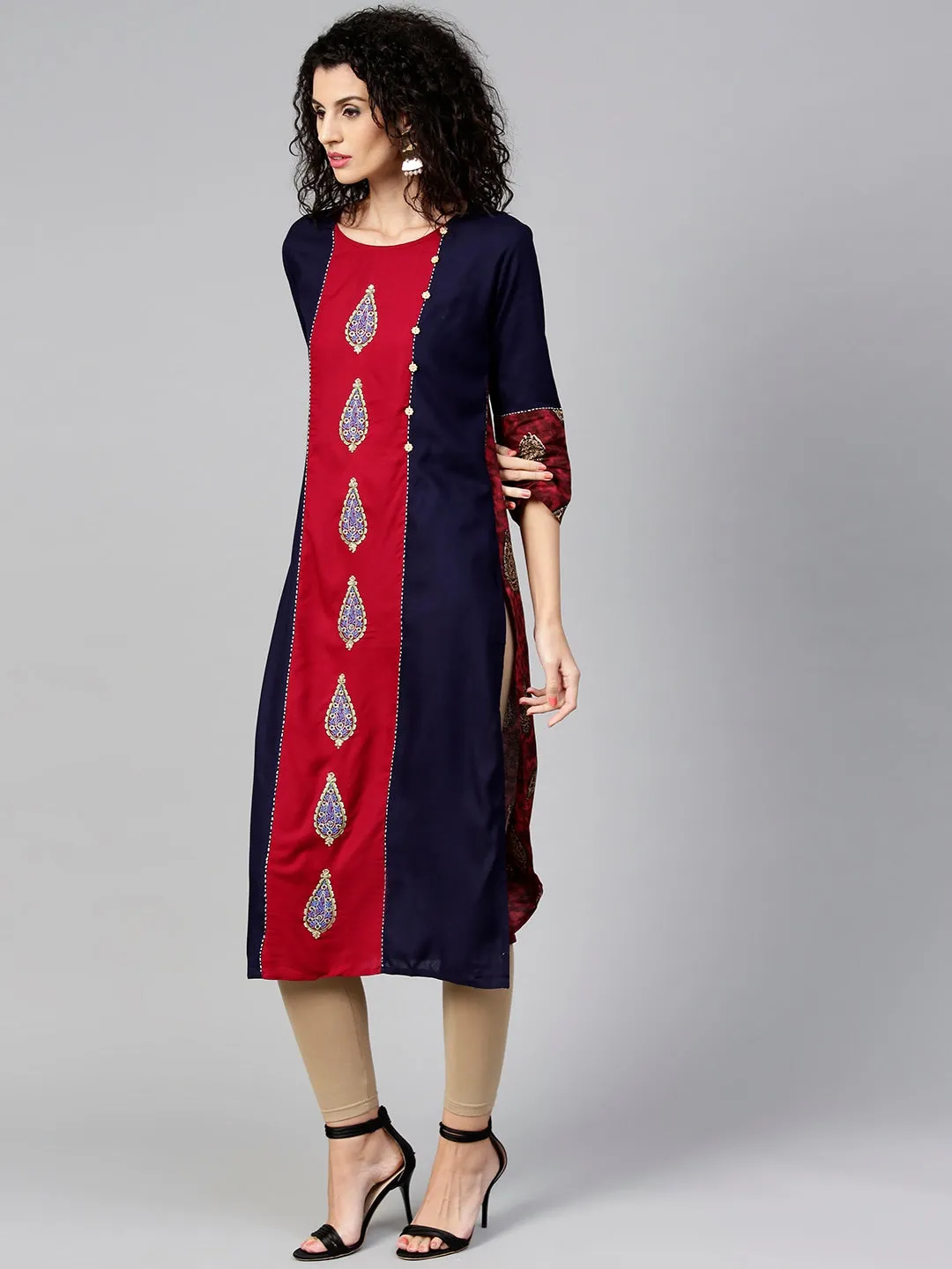 Women Maroon & Navy Blue Printed Kurta