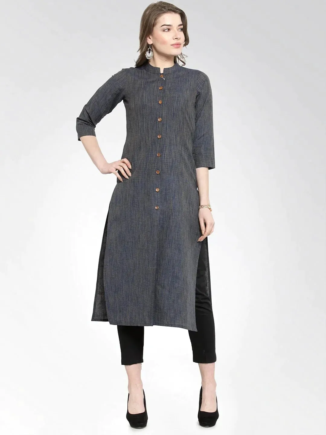 Women Navy Self Design Straight Kurta