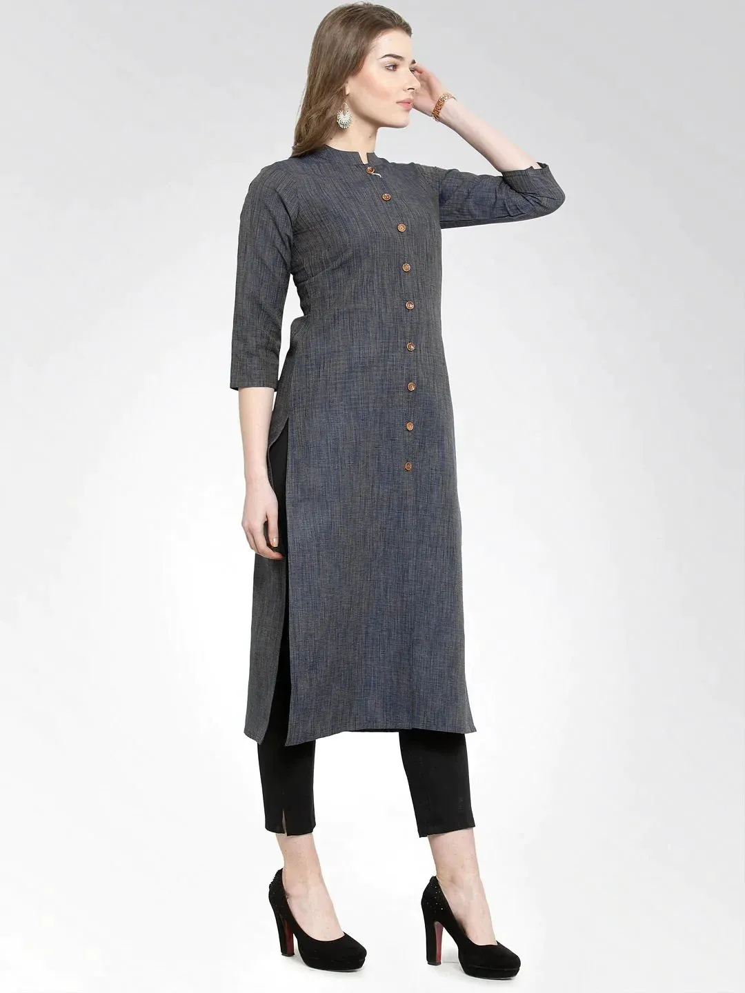 Women Navy Self Design Straight Kurta