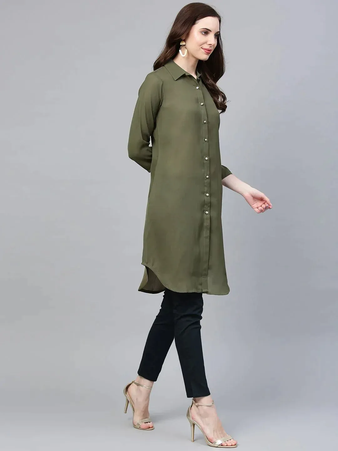 Women Olive Green Solid A-Line Kurta