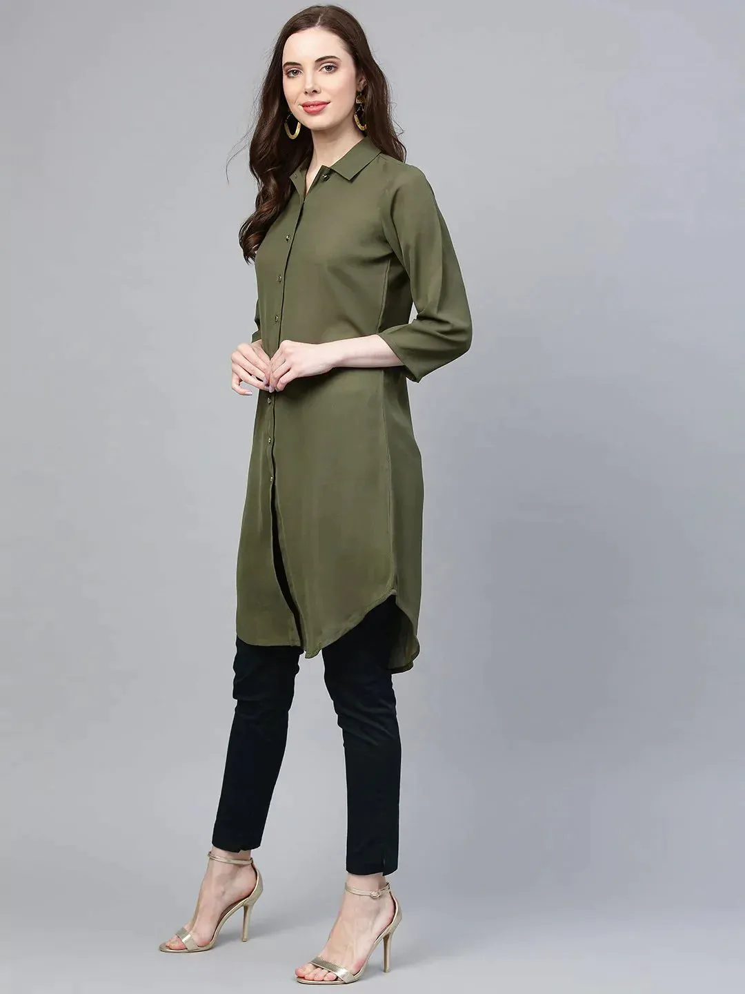 Women Olive Green Solid A-Line Kurta