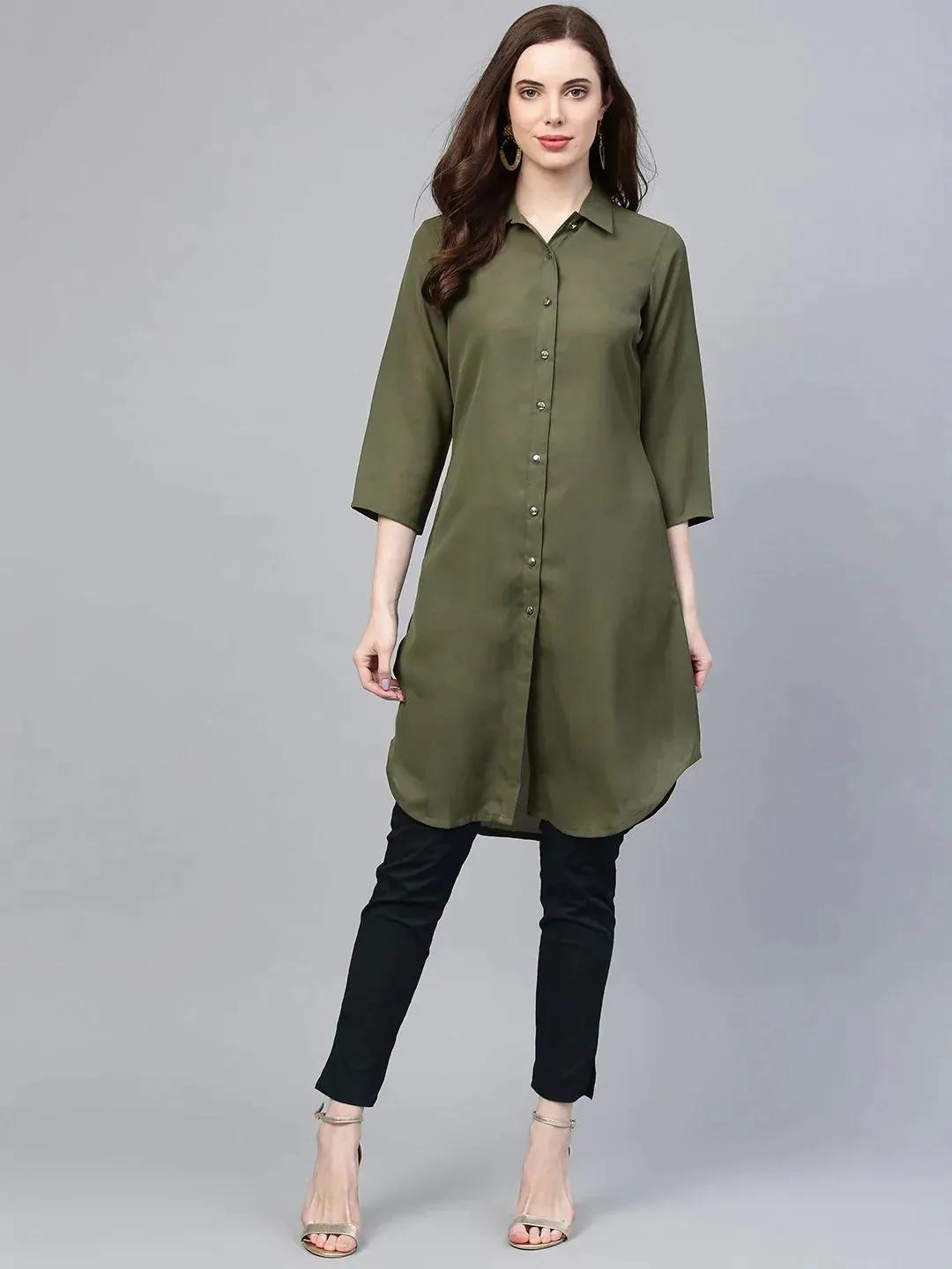 Women Olive Green Solid A-Line Kurta