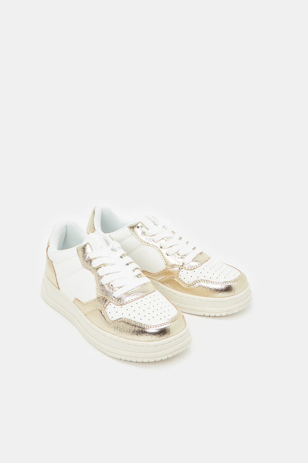 Women Silver Court Sneaker With Gold Overlay