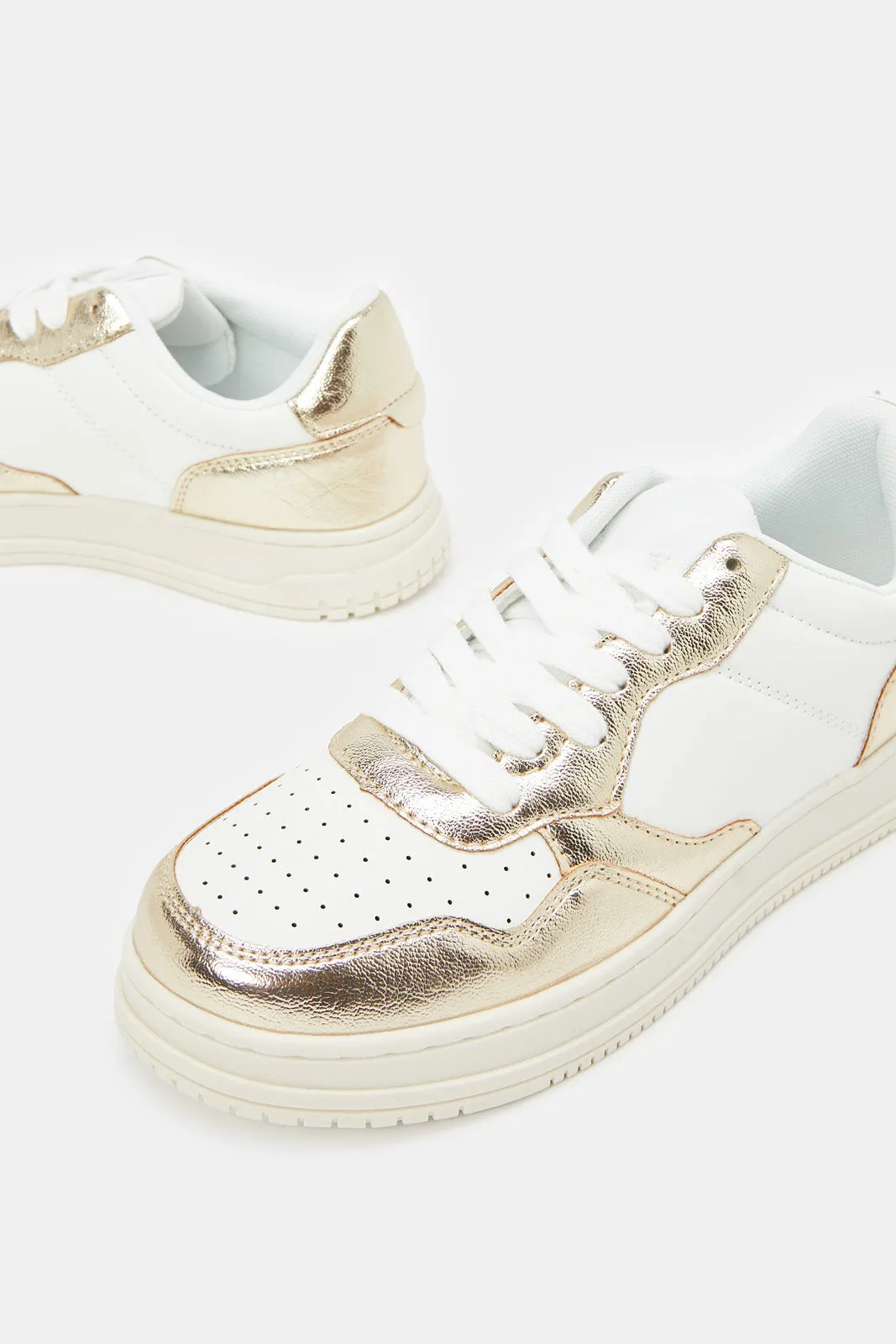 Women Silver Court Sneaker With Gold Overlay