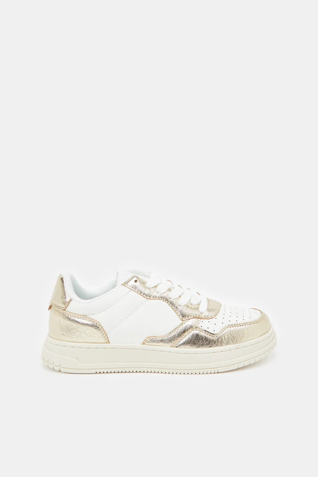 Women Silver Court Sneaker With Gold Overlay